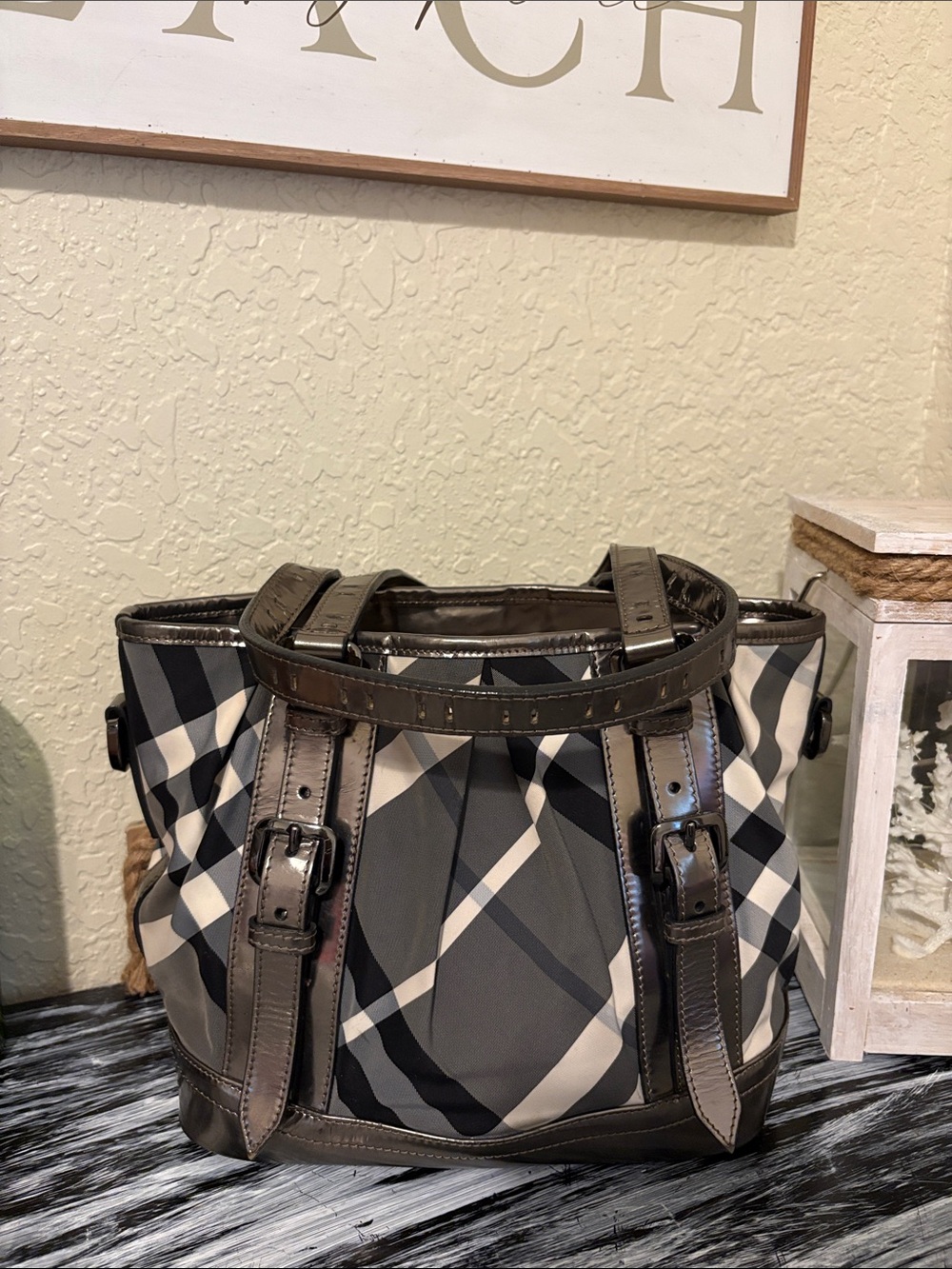 Burberry Gray Plaid Messenger Tote with Dark Brown Leather Trim